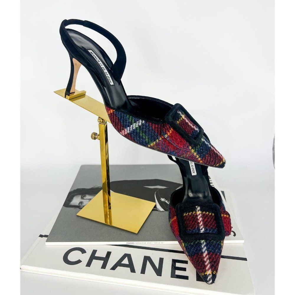 MANOLO BLAHNIK Maysale Red & Green Plaid Slingback Stiletto Sandals Size… - Picture 4 of 12